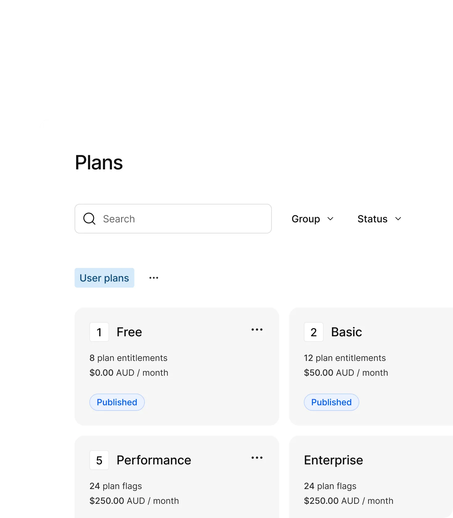 Kinde UI showing advanced plan building and management